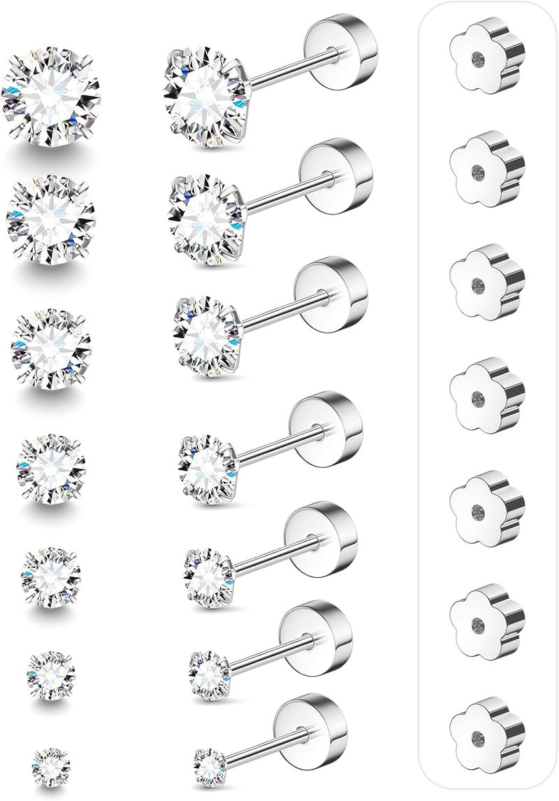 davka 7 Pairs 20G Flat Back Stud Earrings for Women Men Hypoallergenic 14K Gold Plated Surgical Steel Stack Cartilage Earrings for Multiple Piercing Sensitive Ears Bonus Plum Blossom FlatBack Studs CZ 2-8mm - Image 1
